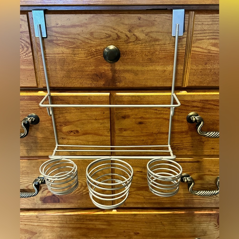 Curling iron and blow dryer rack for over the cabinet